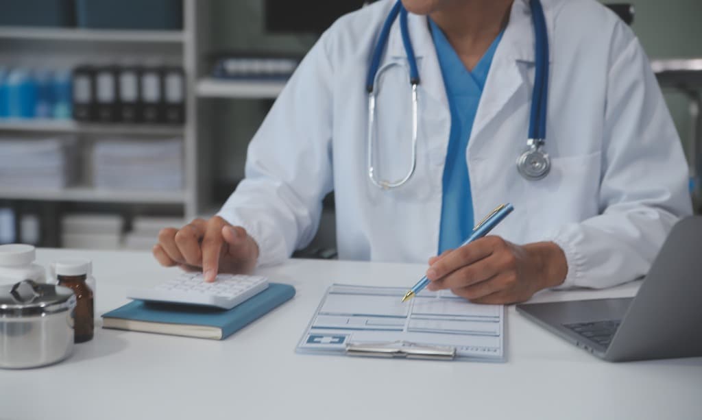 A professional medical setting with a doctor and patient.